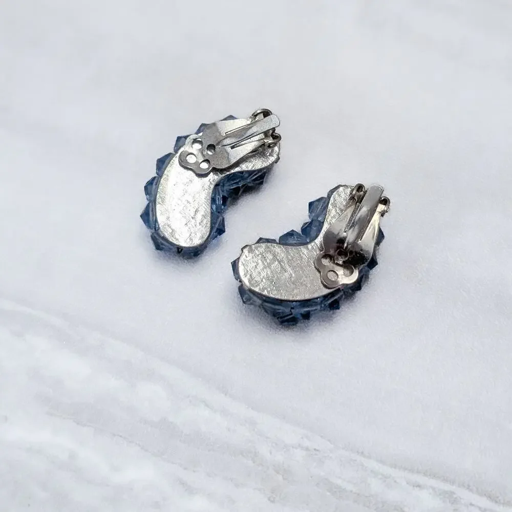 Vintage Clip On Earrings Kidney Bean Shape Large Blue Beaded Statement 1 & 3/8